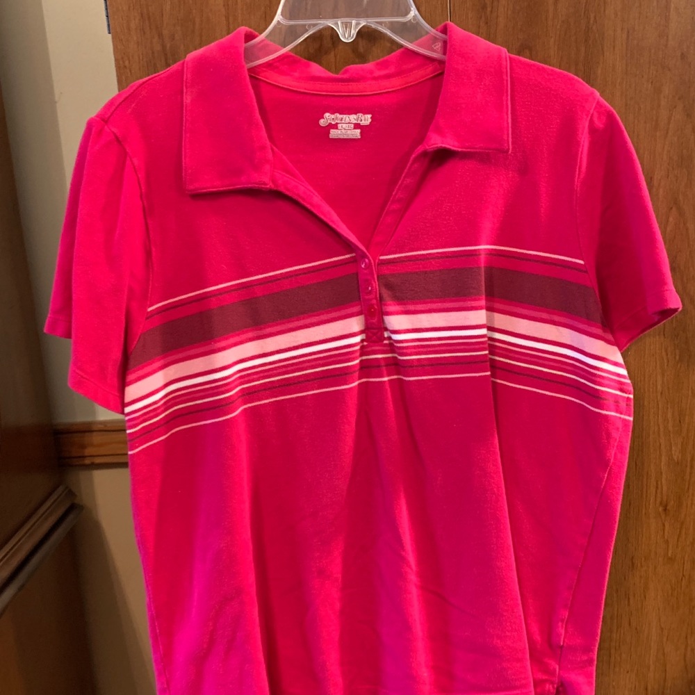 St Johns Bay Polo , pretty pink with stripes